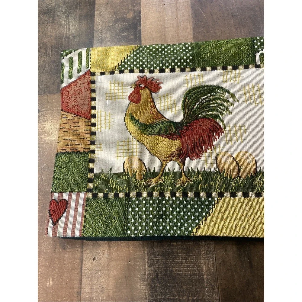 Vtg 90s Rooster Tapestry Table Runner Patchwork Hearts‎ Country Farmhouse Woven